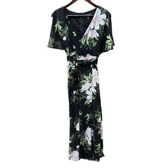 Floral Boho‎ Maxi Dress Womens Size 8 Black Pink Green Belted V Neck Long - Picture 1 of 8